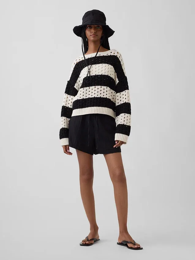 100% Cotton Crochet Boatneck Sweater