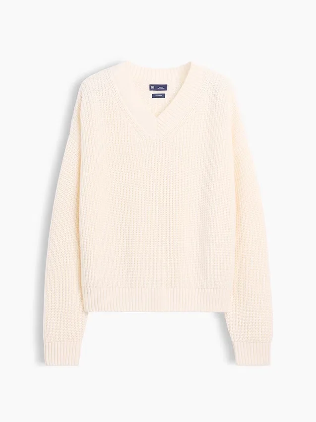 100% Cotton Oversized Shaker V-Neck Sweater