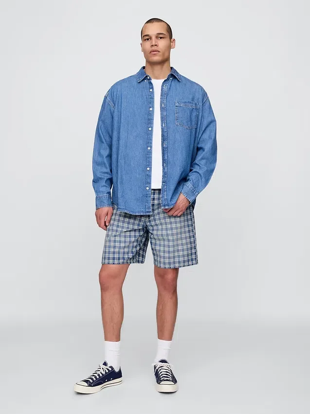 90S Loose Denim Plaid Shorts