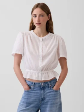 Button-Front Crop Peplum Top