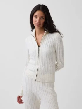 Cashsoft Cable-Knit Crop Zip Cardigan
