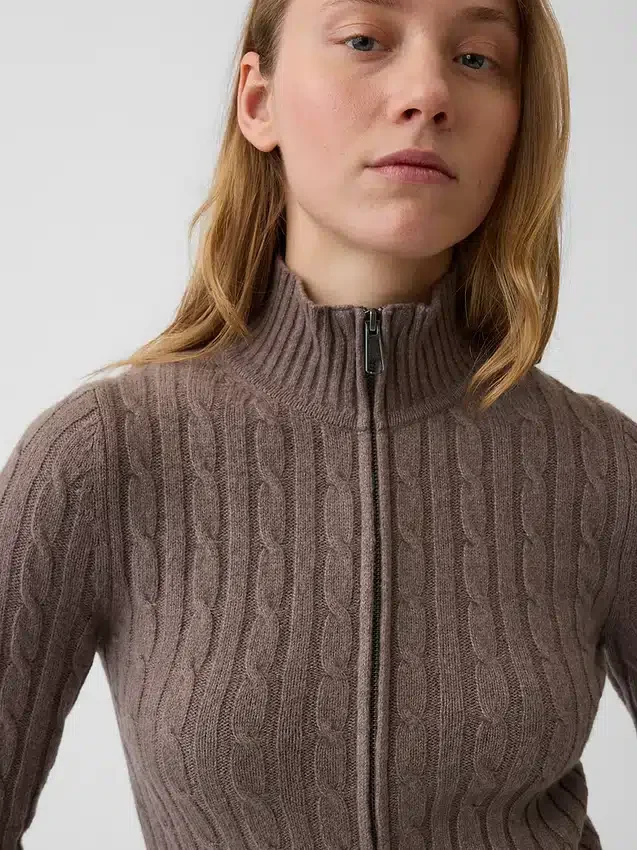 Cashsoft Cable-Knit Crop Zip Cardigan