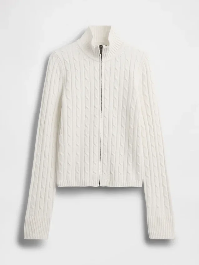 Cashsoft Cable-Knit Crop Zip Cardigan