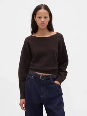 Cashsoft Stretch Lantern-Sleeve Crop Sweater