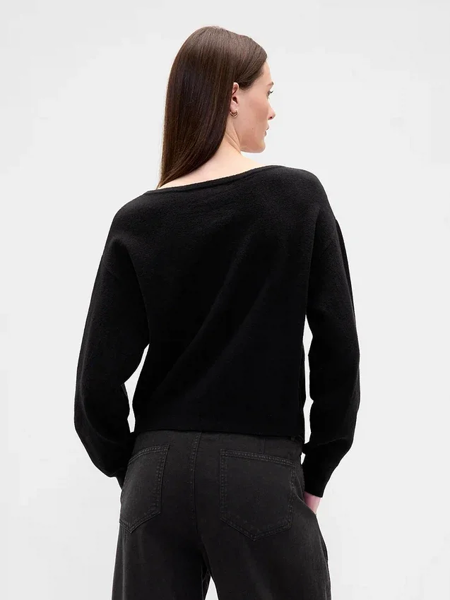 Cashsoft Stretch Lantern-Sleeve Crop Sweater