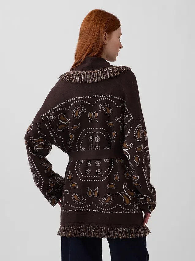 Cotton-Blend Fringe Shawl Cardigan