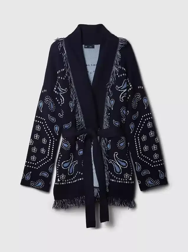 Cotton-Blend Fringe Shawl Cardigan