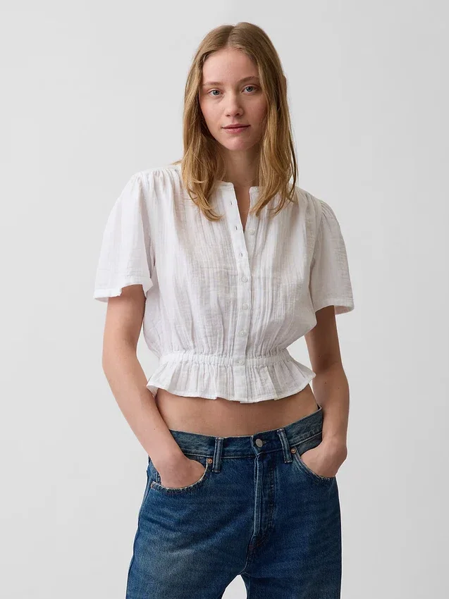 Cotton Gauze Crop Peplum Top