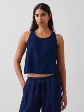 Cotton Gauze Denim Crop Shell Tank Top