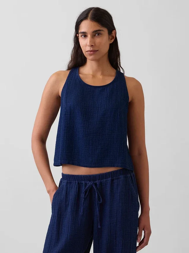 Cotton Gauze Denim Crop Shell Tank Top