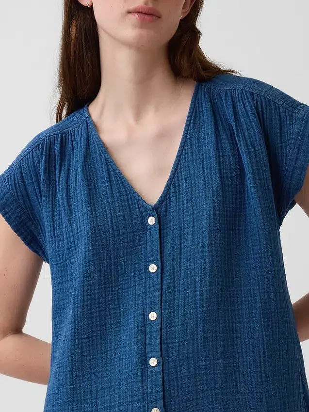 Cotton Gauze Denim Drop-Waist Mini Shirtdress