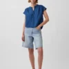 Cotton Gauze Denim Oversized Split-Neck Top