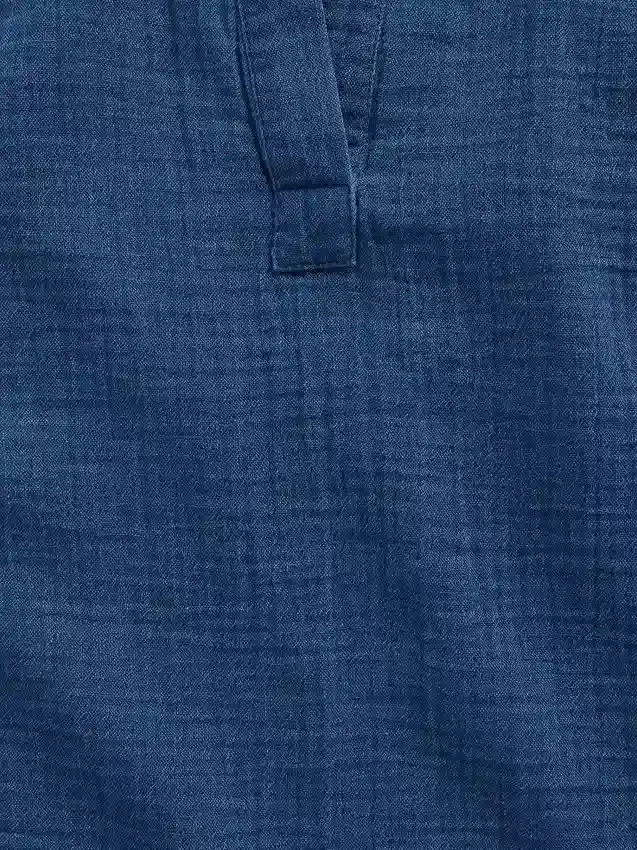 Cotton Gauze Denim Oversized Split-Neck Top