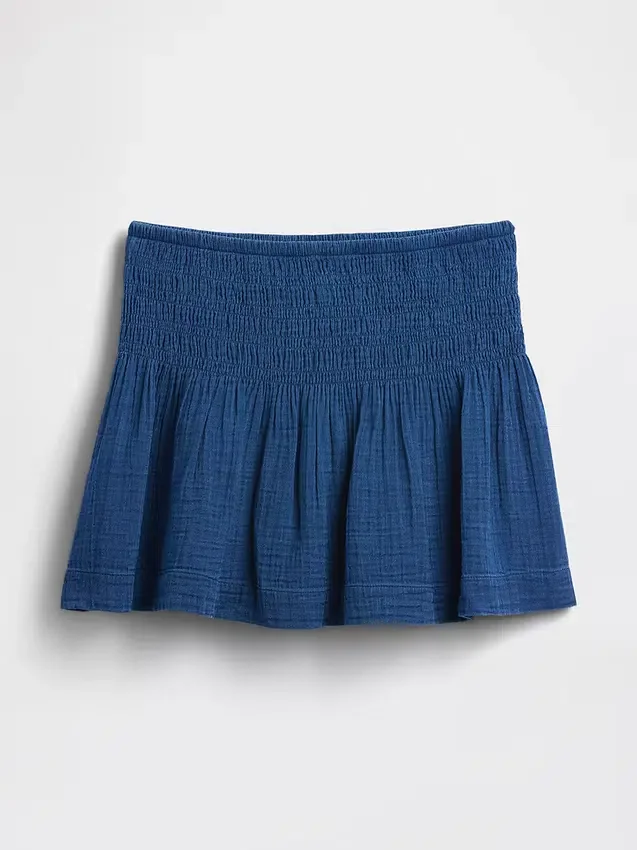 Cotton Gauze Denim Smocked-Waist Mini Skort
