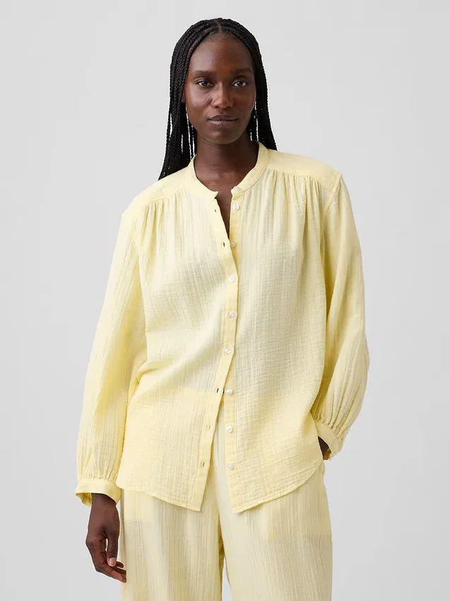Cotton Gauze Oversized Collarless Shirt