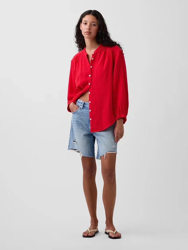 Cotton Gauze Oversized Collarless Shirt