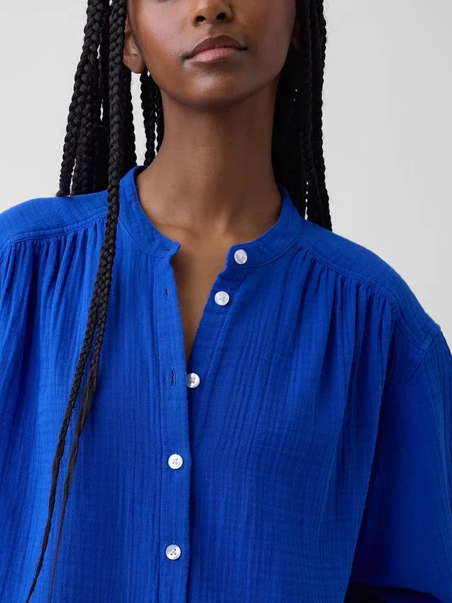 Cotton Gauze Oversized Collarless Shirt
