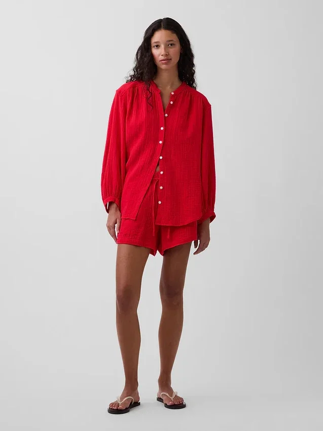 Cotton Gauze Oversized Collarless Shirt