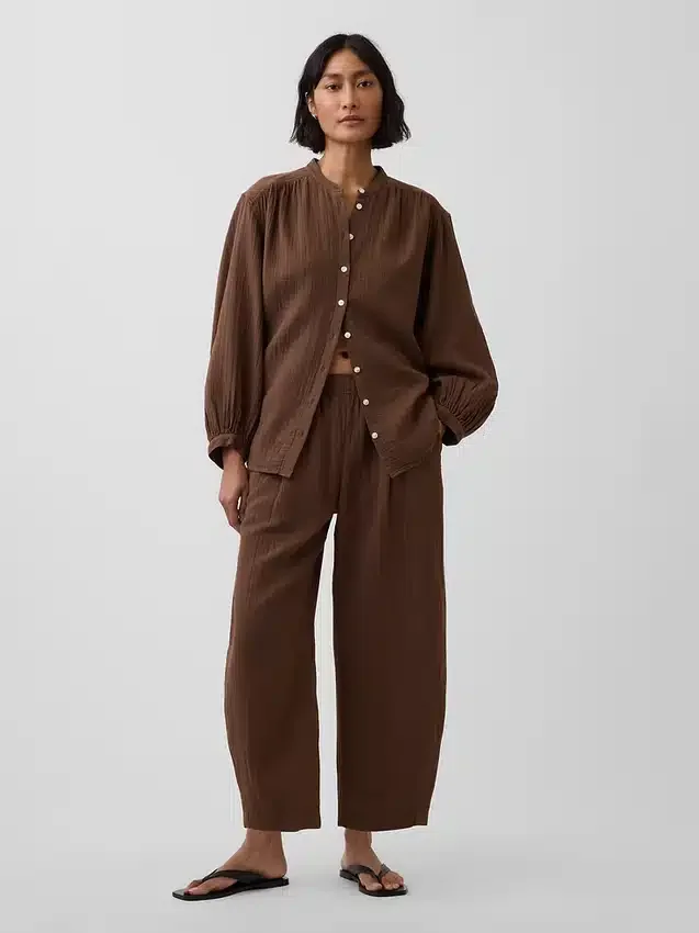 Cotton Gauze Oversized Collarless Shirt