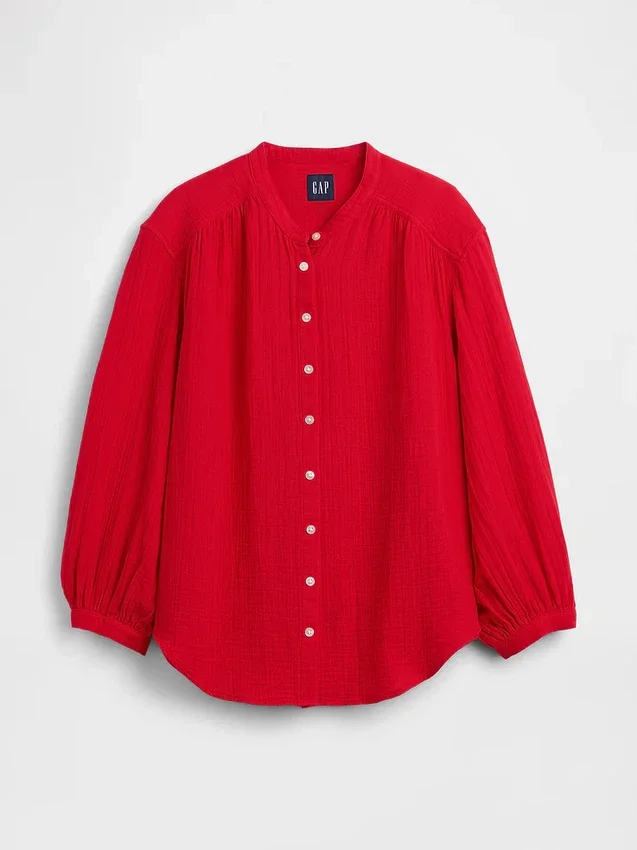 Cotton Gauze Oversized Collarless Shirt
