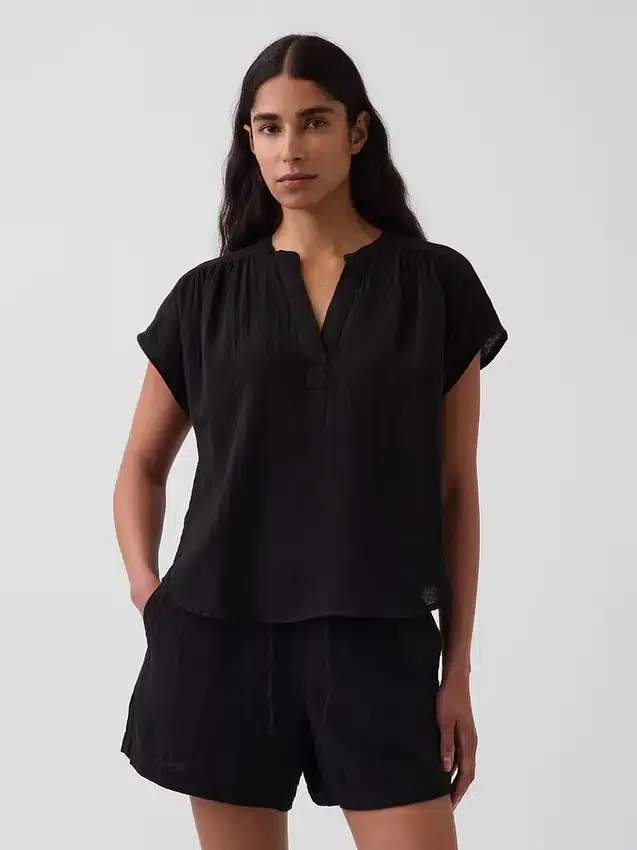Cotton Gauze Oversized Split-Neck Top