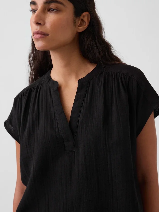 Cotton Gauze Oversized Split-Neck Top