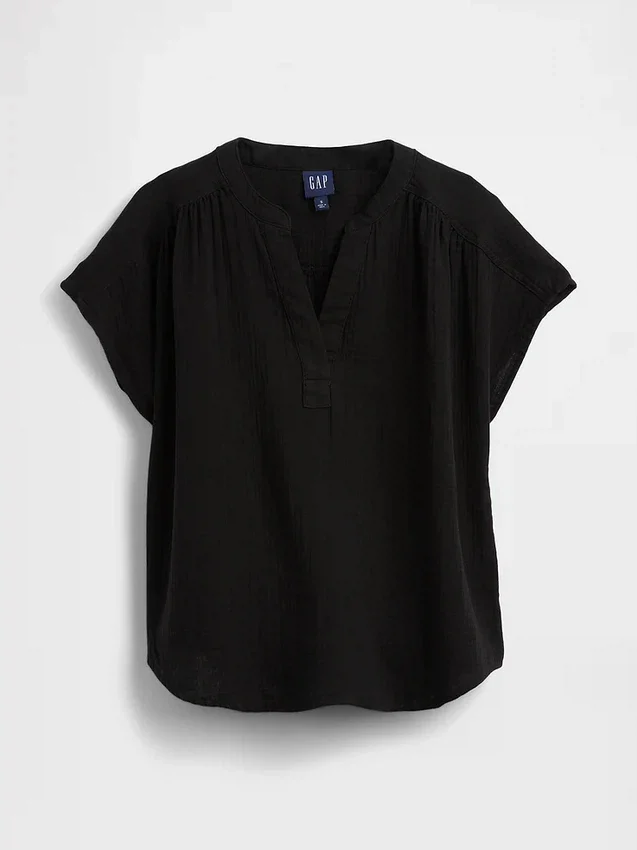Cotton Gauze Oversized Split-Neck Top