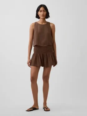 Cotton Gauze Smocked-Waist Mini Skort