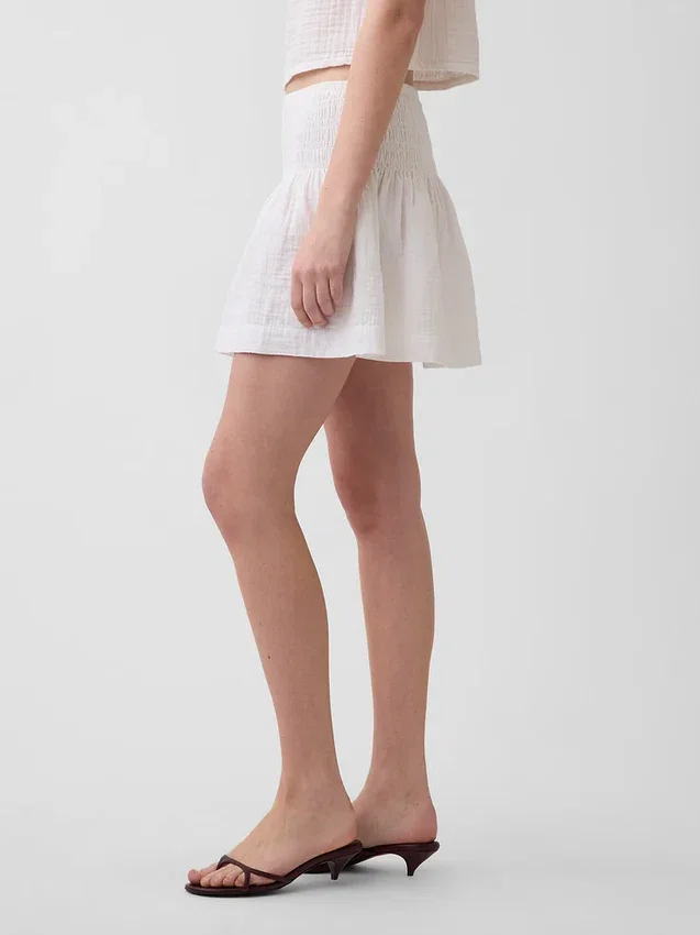 Cotton Gauze Smocked-Waist Mini Skort