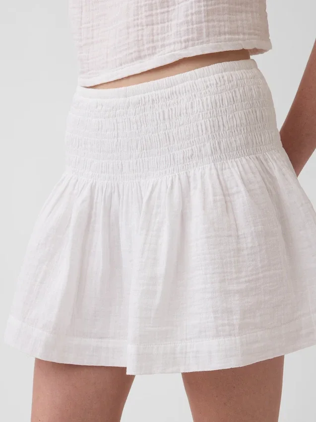 Cotton Gauze Smocked-Waist Mini Skort