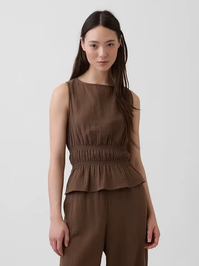 Cotton Gauze Smocked-Waist Peplum Top