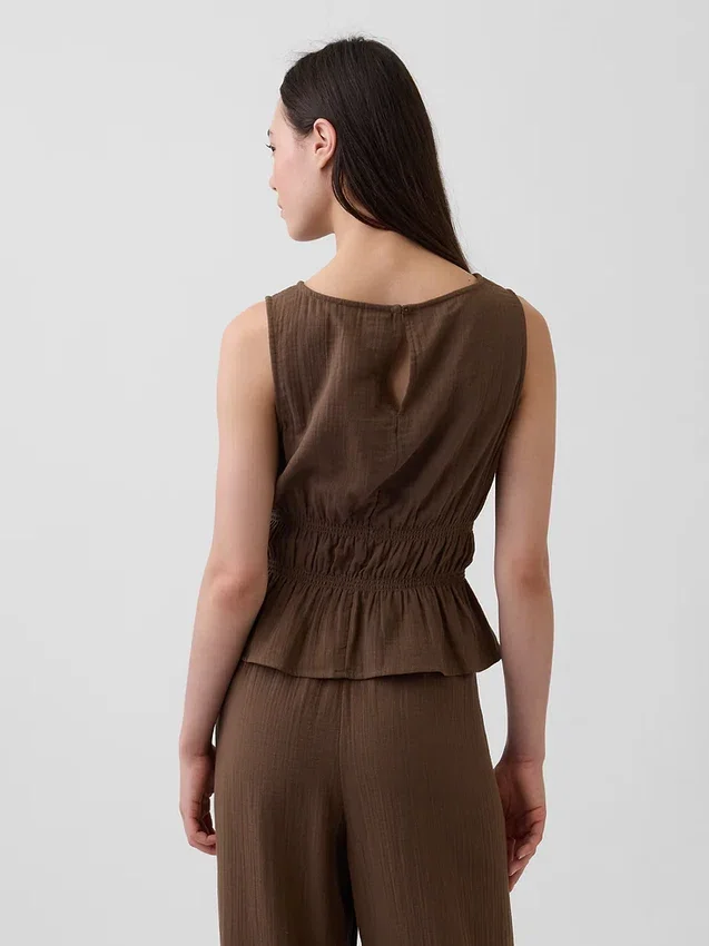 Cotton Gauze Smocked-Waist Peplum Top