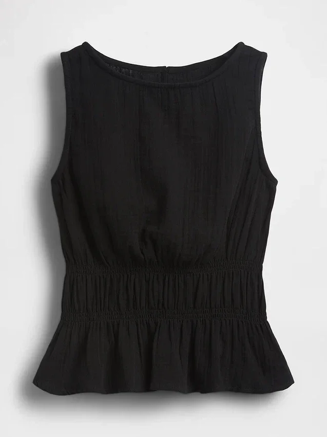 Cotton Gauze Smocked-Waist Peplum Top