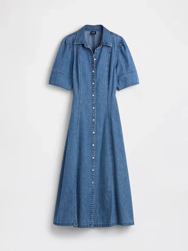 Denim Barrel-Sleeve Midi Shirtdress