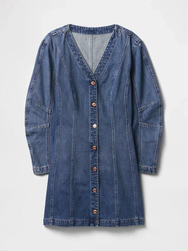 Denim Barrel-Sleeve Mini Dress