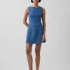 Denim Boatneck Open-Back Mini Dress