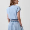 Denim Cap-Sleeve Crop Button-Front Top