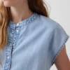 Denim Cap-Sleeve Crop Button-Front Top