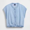 Denim Cap-Sleeve Crop Button-Front Top