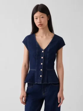 Denim Fitted Cap-Sleeve Peplum Top