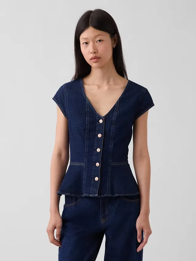 Denim Fitted Cap-Sleeve Peplum Top