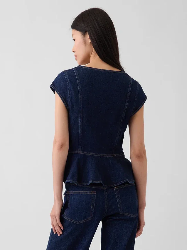 Denim Fitted Cap-Sleeve Peplum Top