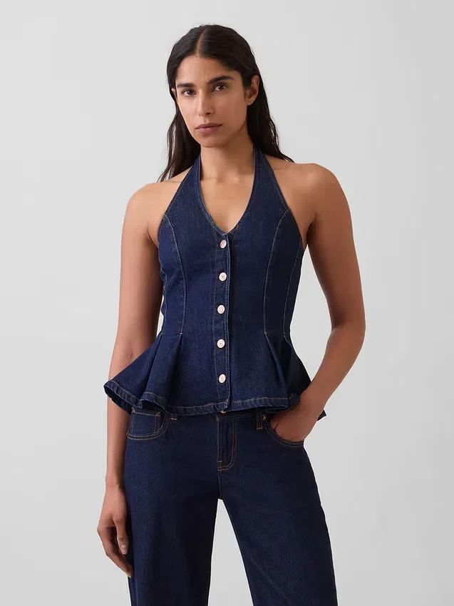 Denim Fitted Halter Peplum Top