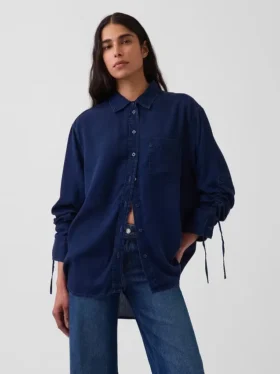 Denim Oversized Ruched-Sleeve Shirt