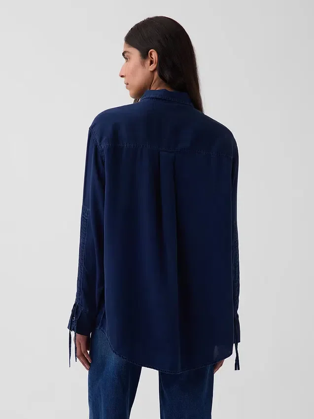 Denim Oversized Ruched-Sleeve Shirt
