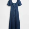 Denim Puff-Sleeve Button-Front Maxi Dress