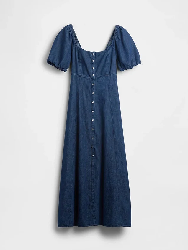 Denim Puff-Sleeve Button-Front Maxi Dress