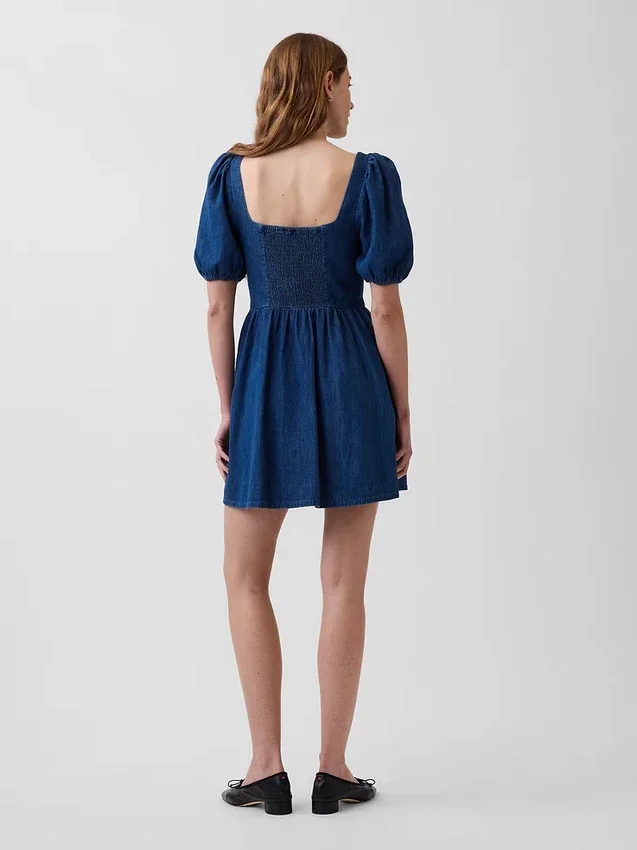 Denim Puff-Sleeve Sweetheart Mini Dress