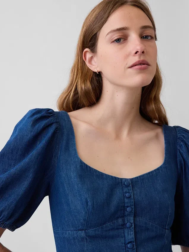 Denim Puff-Sleeve Sweetheart Mini Dress