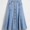 Denim Seamed Button-Front Maxi Skirt